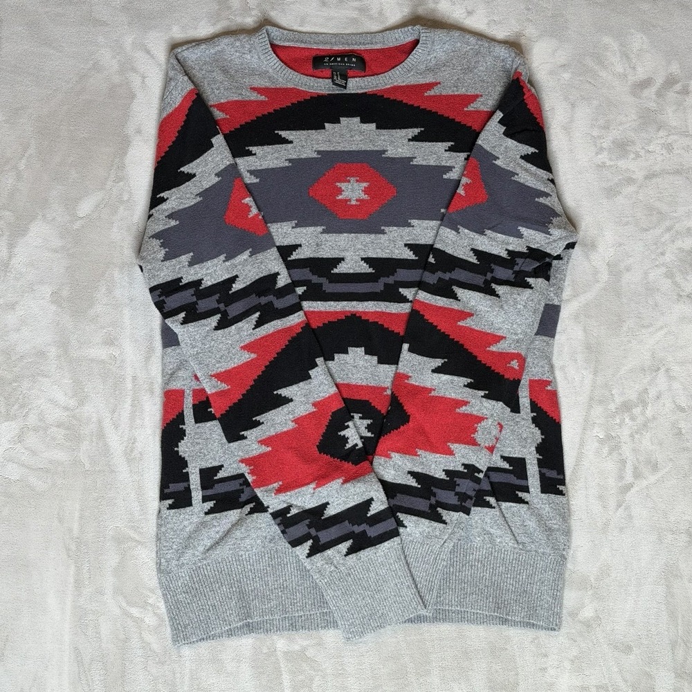 Men's Vtg Inspired Southwestern Aztec Knit Sweater Gray Red Black Crewneck Sz M